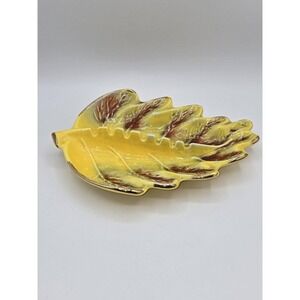 California Pottery Leaf Dish Yellow Brown Drip Glaze Gold Trim 10" USA MCM